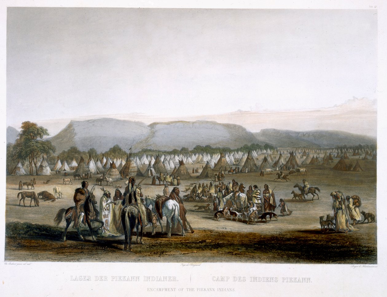 Obozowisko Indian Piekann, tablica 43 z tomu 2 "Podróży w głąb Ameryki Północnej", rytowana przez Leopolda Beyera (1784-c.1870) i J. Hurlimanna, 1844 (akwatinta) autorstwa Karl Bodmer