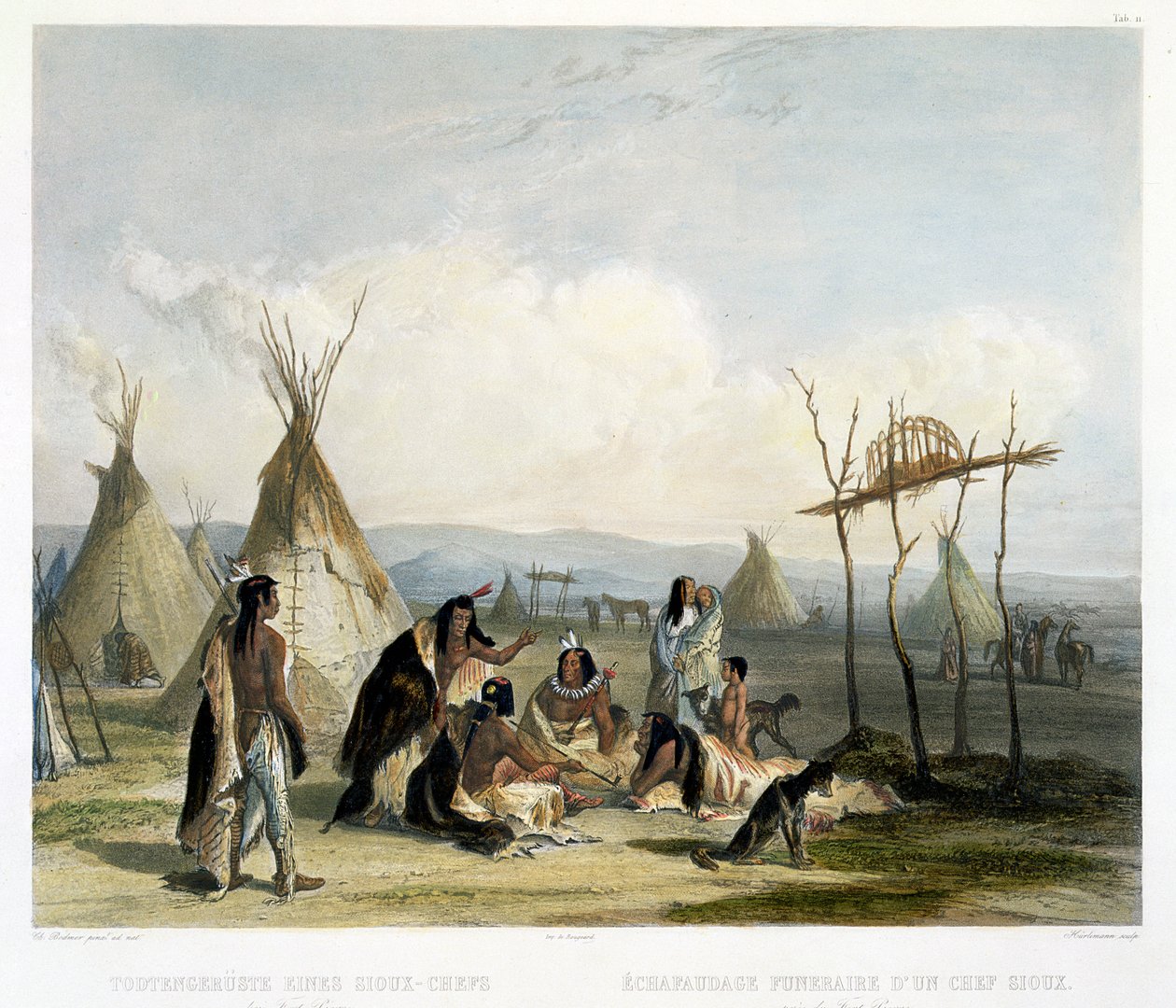 Rusztowanie pogrzebowe wodza Siuksów w pobliżu Fort Pierre, tablica 11 z tomu 2 „Podróże we wnętrzu Ameryki Północnej”, ryt. J. Hurlimann, 1844 (akwatinta) autorstwa Karl Bodmer