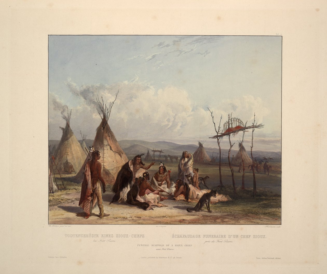 Rusztowanie pogrzebowe wodza Siuksów autorstwa Karl Bodmer