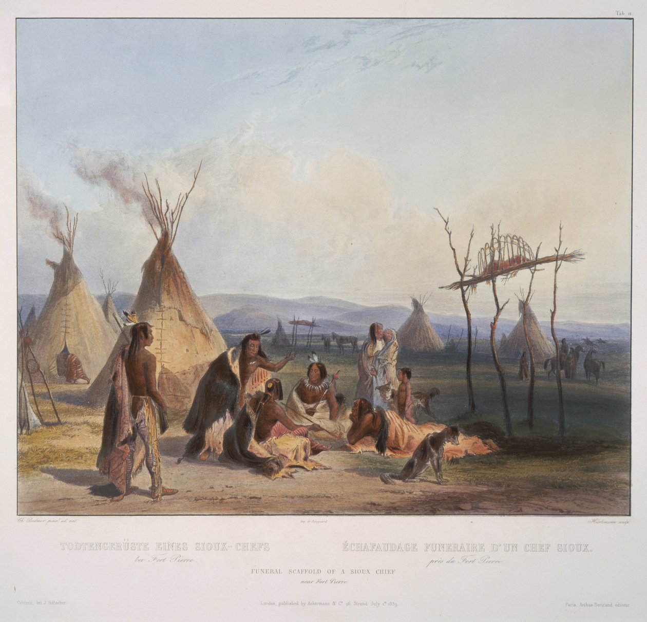 Rusztowanie pogrzebowe wodza Siuksów w pobliżu Fort Pierre, rytowane przez J. Hurlimana, opublikowane w 1839 (akwatinta) autorstwa Karl Bodmer