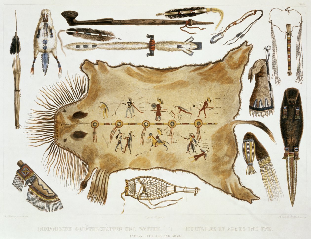 Indiańskie naczynia i broń, tablica 21 z tomu 2 "Podróży w głąb Ameryki Północnej", rytowane przez A. Zschokke i J. Hurlimann, 1844 (akwatinta) autorstwa Karl Bodmer