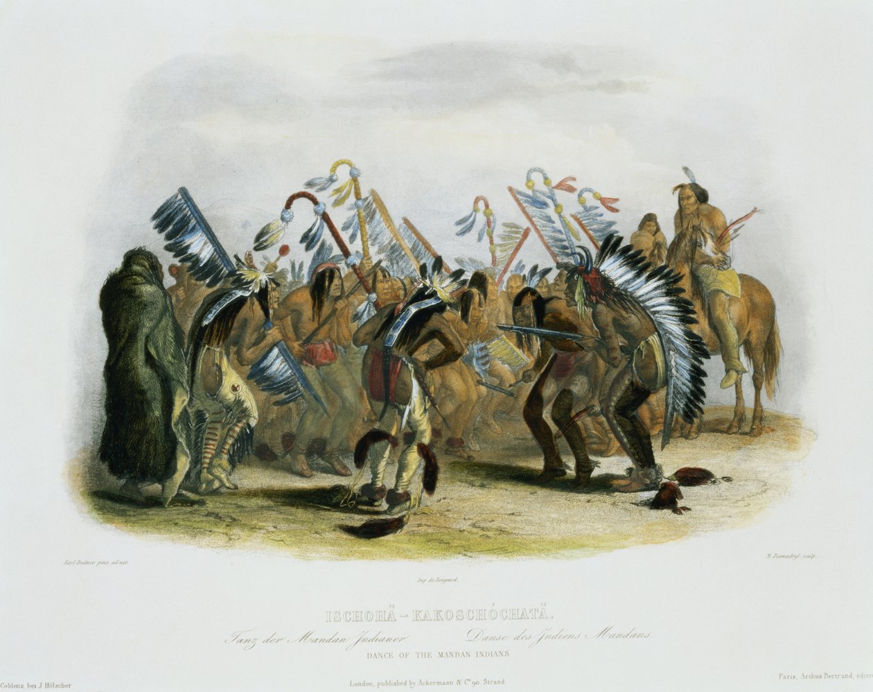 Ischoha-Kakoschochata, Taniec Indian Mandan, tablica 25 z tomu 1 „Podróże we wnętrzu Ameryki Północnej”, sztych. Narcisse Desmadryl, 1843 (akwatinta) autorstwa Karl Bodmer