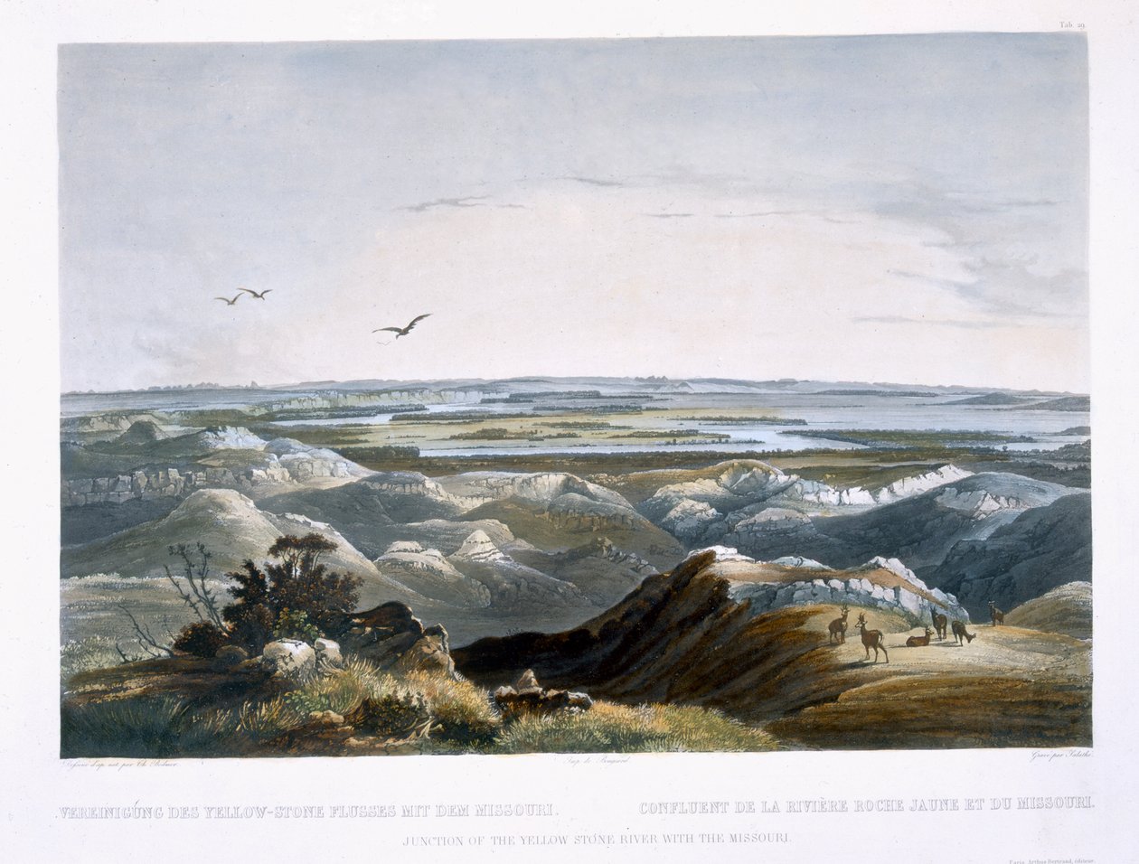 Skrzyżowanie rzeki Yellow Stone z Missouri, tablica 29 z tomu 2 „Podróże we wnętrzu Ameryki Północnej”, ryty: Friedrich Salathe (1793-1858) 1844 (akwatinta) autorstwa Karl Bodmer