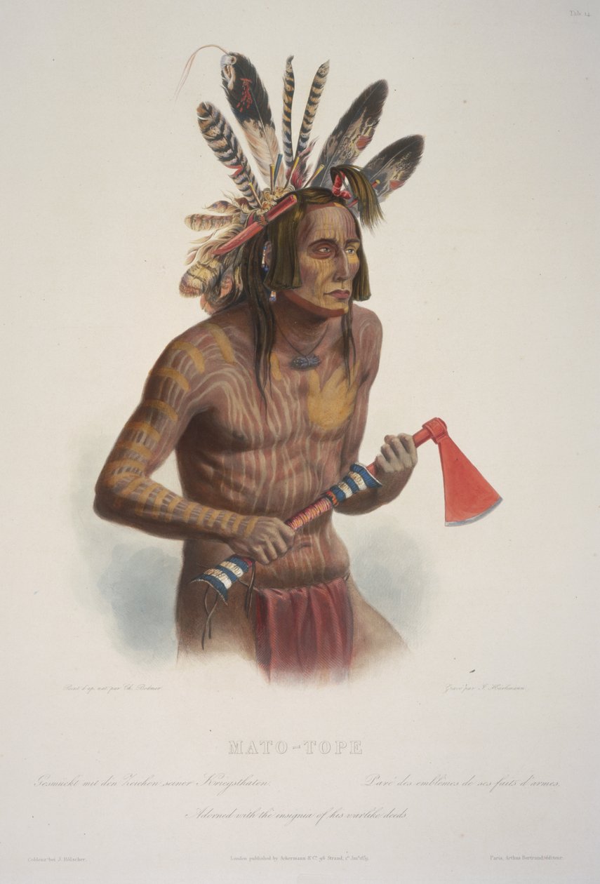 Mato-Tope, Przyozdobiony insygniami swoich wojowniczych czynów. autorstwa Karl Bodmer