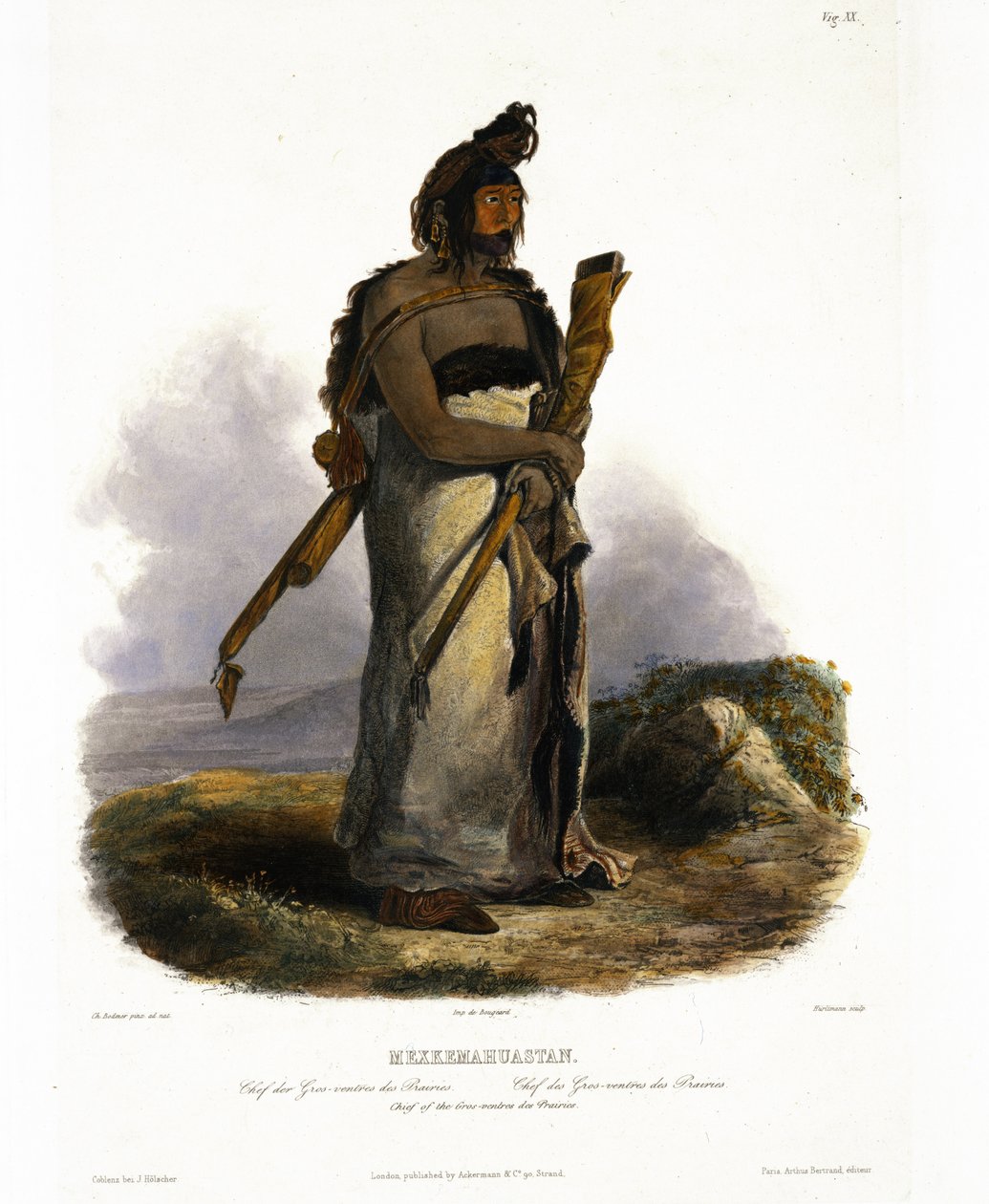 Mexkemahuastan, wódz Gros-Ventres of the Prairies, tablica 20 z tomu 1 „Podróże we wnętrzu Ameryki Północnej”, ryt. J. Hurlimann, 1843 (akwatinta) autorstwa Karl Bodmer