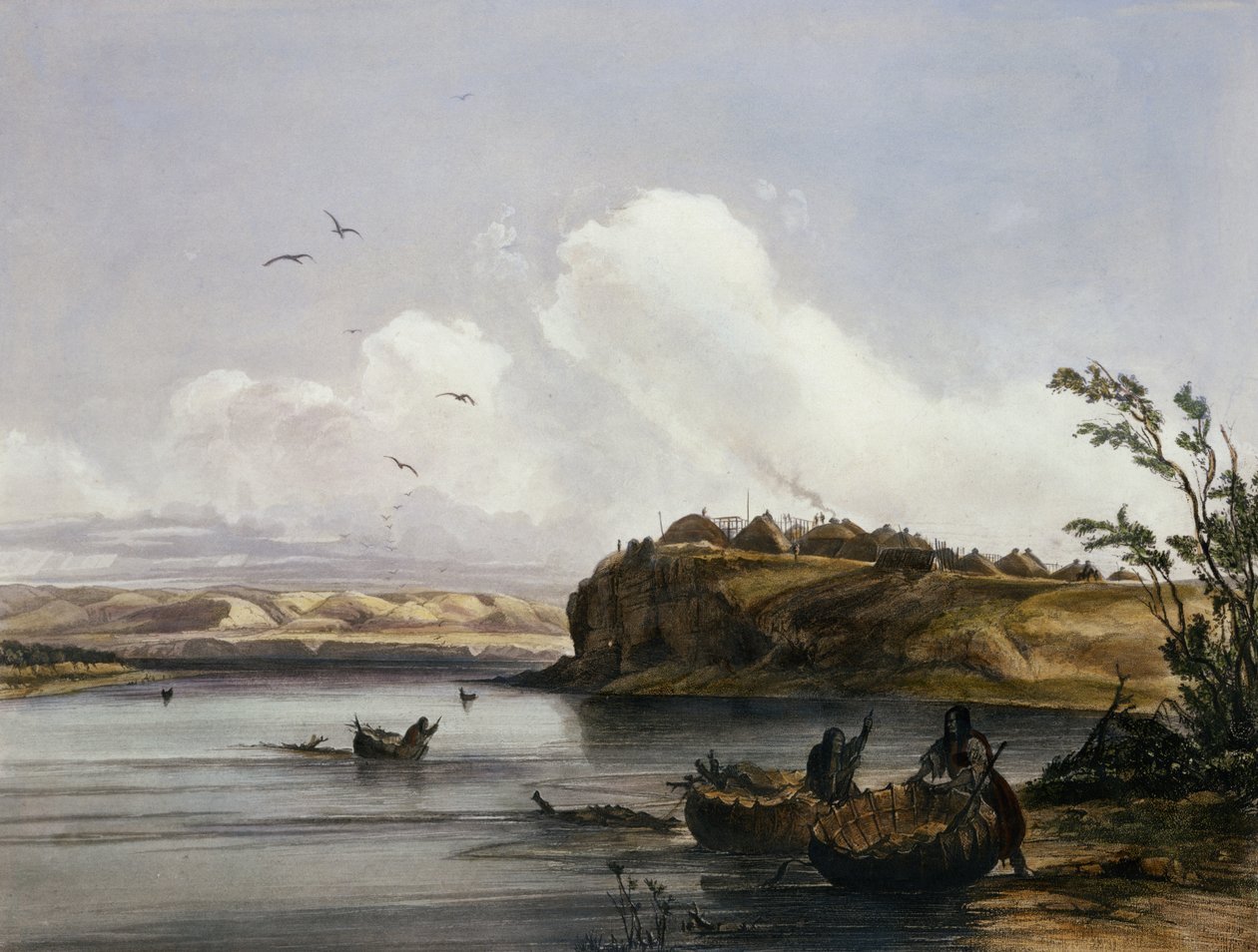 Mih-Tutta-Hankush, Mandan Village, tablica 16 z tomu 2 „Podróże we wnętrzu Ameryki Północnej”, sztychowana przez Friedricha Salathe (1793-1858) 1844 (akwatinta) autorstwa Karl Bodmer