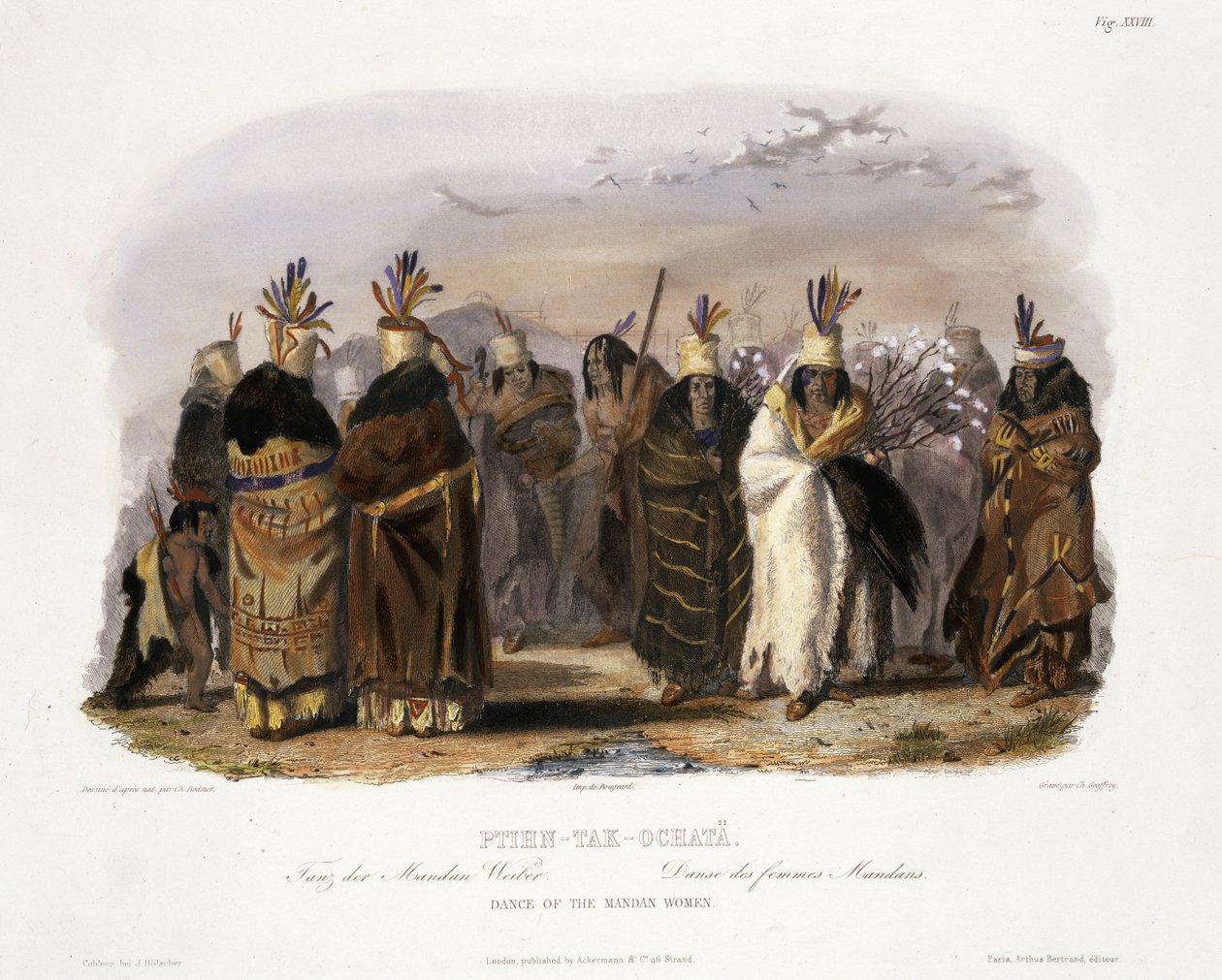 Ptihn-Tak-Ochata, Taniec kobiet mandanowych, tablica 28 z tomu 1 „Podróże we wnętrzu Ameryki Północnej”, sztychowana przez Charlesa Geoffroya (1819-82) 1843 (akwatinta) autorstwa Karl Bodmer