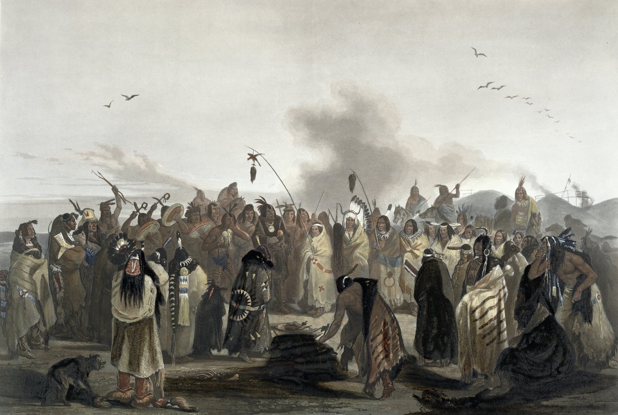 Scalp Dance of the Minatarres, płyta 27 z tomu 2 „Podróże we wnętrzu Ameryki Północnej”, sztych. Carl Vogel (1816-51) 1844 (akwatinta) autorstwa Karl Bodmer