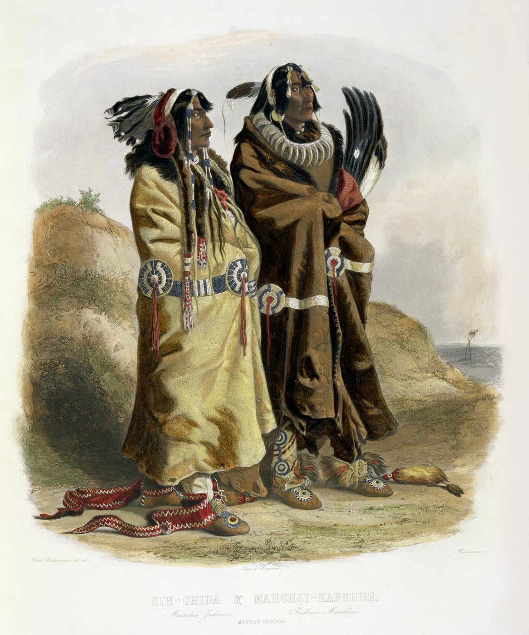 Sih-Chida i Mahchsi-Karehde, Indianie Mandan, tablica 20 z tomu 2 „Podróże we wnętrzu Ameryki Północnej”, rytowana przez J. Hurlimanna, 1844 (akwatinta) autorstwa Karl Bodmer