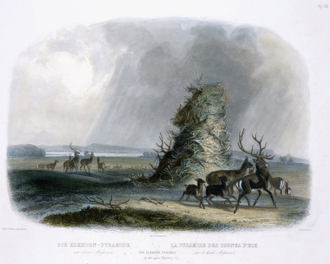 Piramida Elkhorn na Upper Missouri, tablica 21 z tomu 1 „Podróże po wnętrzu Ameryki Północnej”, sztych. A. Fournier, 1843 (akwatinta) autorstwa Karl Bodmer