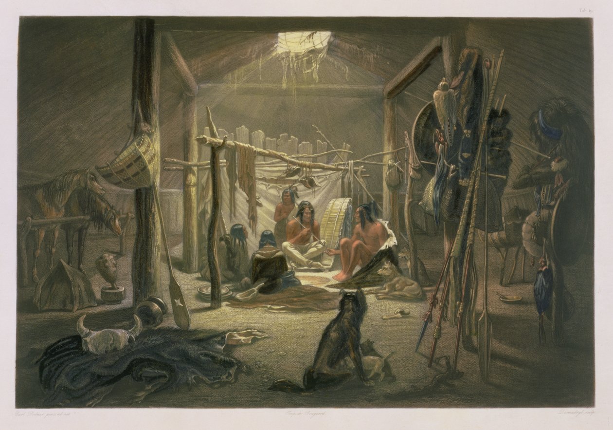 Wnętrze chaty wodza mandana, tablica 19 z tomu 2 „Podróże we wnętrzu Ameryki Północnej”, rytowana przez Narcisse Desmadryl, 1844 (akwatinta) (szczegóły w 29098) autorstwa Karl Bodmer