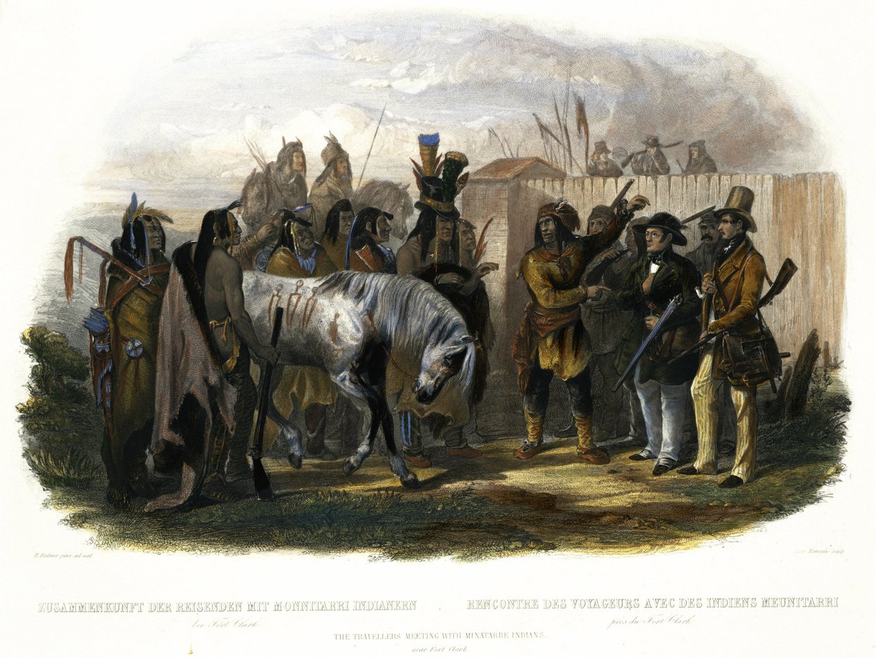Spotkanie podróżników z Indianami Minatarre w pobliżu Fort Clark, tablica 26 z tomu 1 „Podróże we wnętrzu Ameryki Północnej”, sztychowana przez Alexandre Manceau, 1843 (akwatinta) autorstwa Karl Bodmer
