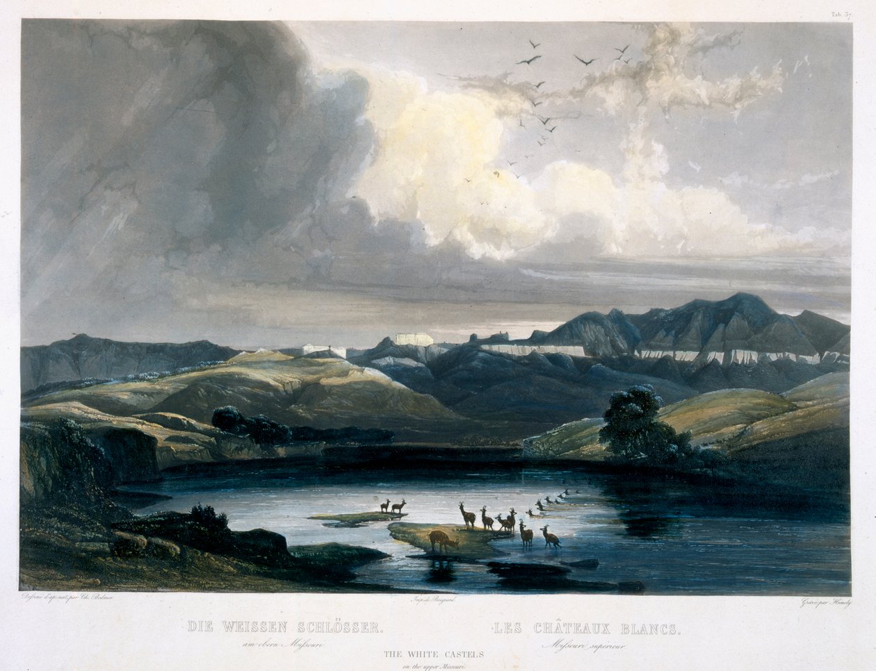 Białe zamki nad Górnym Missouri, tablica 37 z tomu 2 „Podróże we wnętrzu Ameryki Północnej”, sztychowana przez Sigismonda Himely (1801-72) 1844 (akwatinta) autorstwa Karl Bodmer