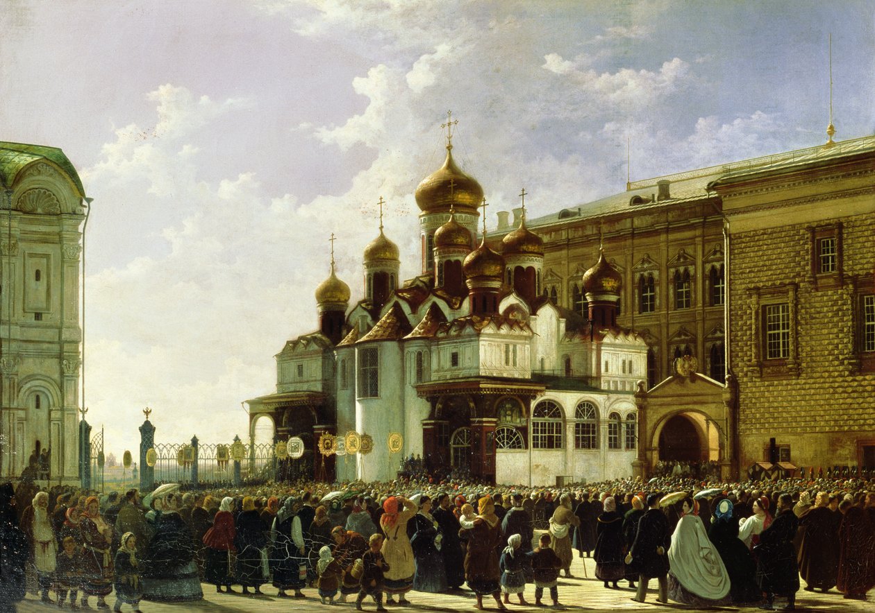 Procesja wielkanocna w katedrze Zwiastowania Marii w Moskwie, 1860 r autorstwa Karl Fridrikh Petrovich Bodri