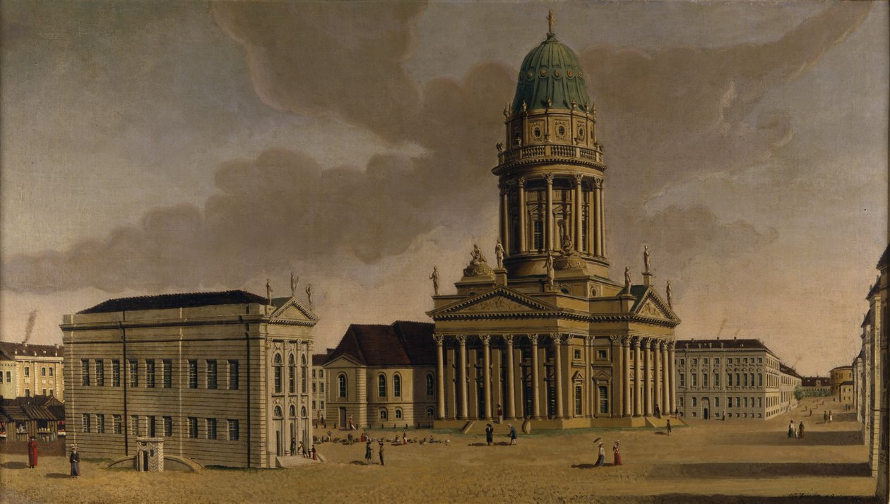 Gendarmenmarkt z francuskim teatrem i katedrą, Berlin, 1788 autorstwa Karl Friedrich Fechhelm