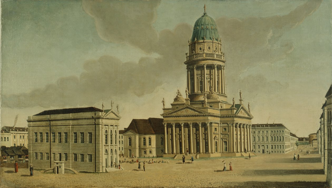 Widok na Gendarmenmarkt z francuskim teatrem i katedrą, Berlin, 1788 r. autorstwa Karl Friedrich Fechhelm