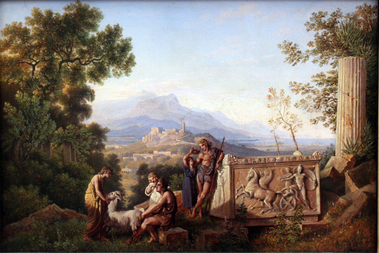 Grecki krajobraz fantasy z odpoczywającym pasterzem autorstwa Karl Friedrich Schinkel
