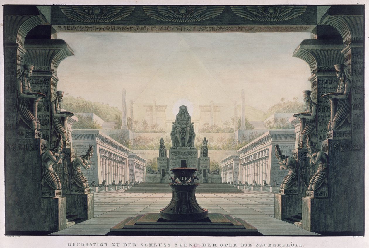 Scenografia do ostatniej sceny „Czarodziejskiego fletu” Wolfganga Amadeusza Mozarta (1756-91) autorstwa Karl Friedrich Schinkel