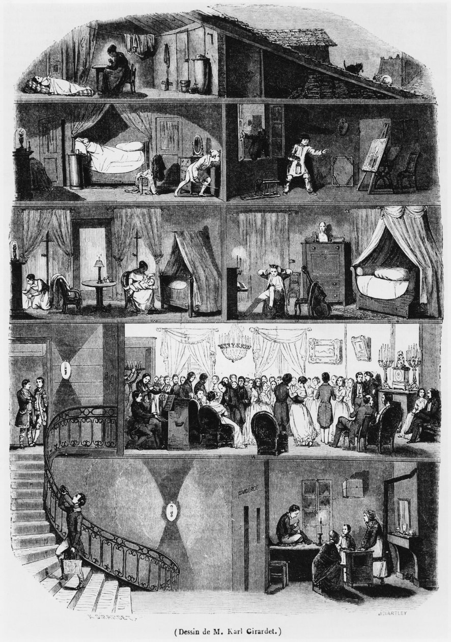 Fragment paryskiego budynku, ilustracja z „Le Magasin Pittoresque”, sztychowana przez Johna Quartleya (fl.1835-67) 1847 autorstwa Karl Girardet