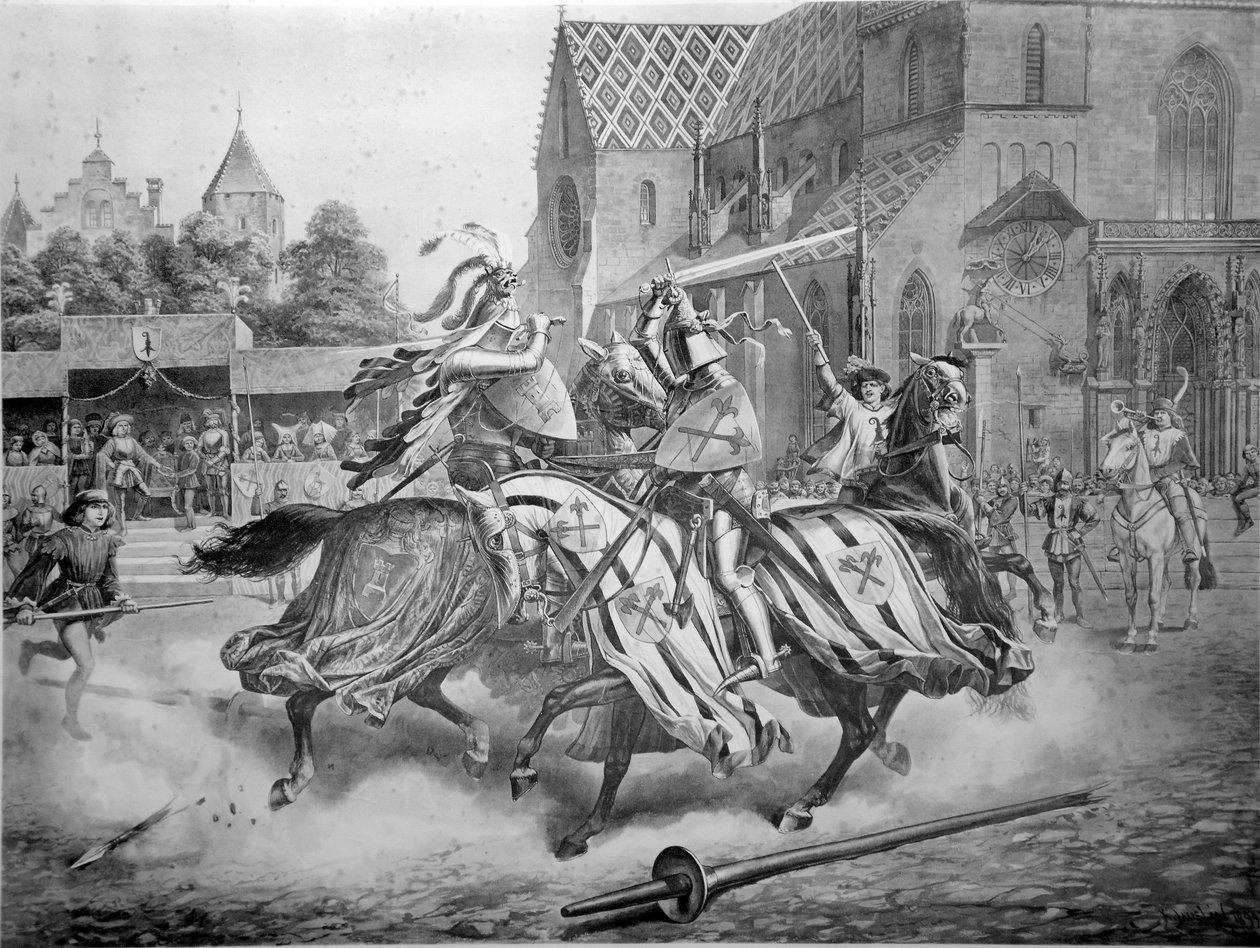 Turniej w Bazylei między Heinrichem von Ramstein a Hiszpanem Don Merlo grudzień 1428. Wydawnictwo Emil Birhäuser, Bazylea autorstwa Karl Jauslin