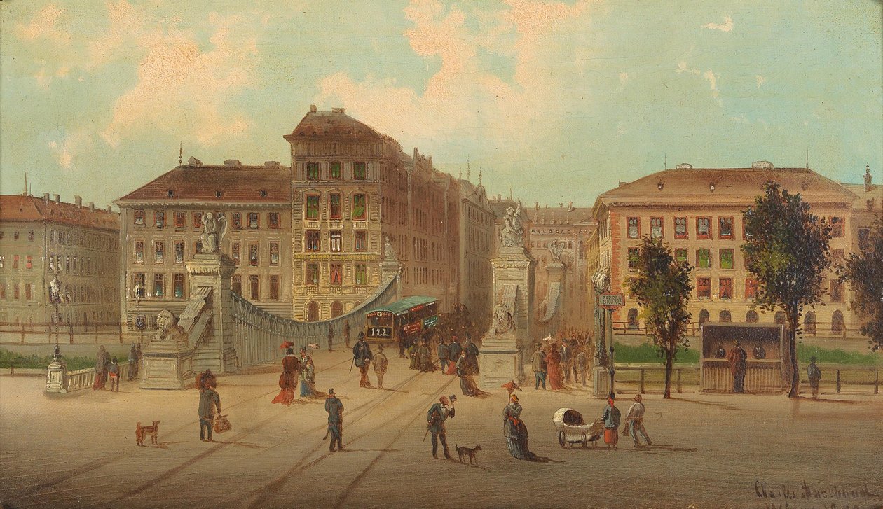 Aspernbrucke w WiedniuNiemiecki: Tętniąca życiem scena uliczna z tramwajami w Wiedniu, 1878. Widok na jezdnię Aspernbrucke na lewy brzeg Kanału Dunajskiego, na domy Untere Donaustrasse i na Asperngasse dzisiejszą Aspernbruckengasse. połączyć autorstwa Karl Kaufmann