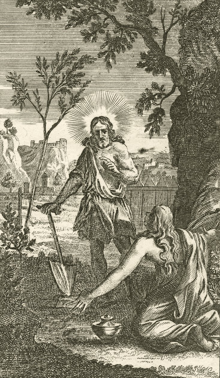 Jezus ukazuje się Marii Magdalenie jako ogrodnik, z niemieckiego dewocjonaliarza, 1709 (rycina miedziana) autorstwa Karl Remshard
