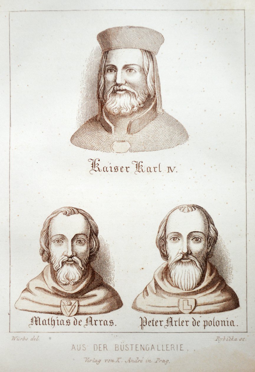 Ilustracja z książki Der Dom zu Prag z 1858 r. przedstawiająca popiersia w galerii kościoła św. Witamy autorstwa Karl Wurbs