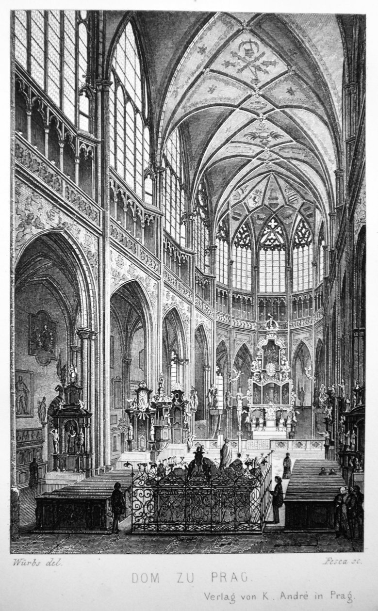 Ilustracja z książki Der Dom zu Prag z 1858 roku przedstawiająca wnętrze kościoła św. Witamy autorstwa Karl Wurbs