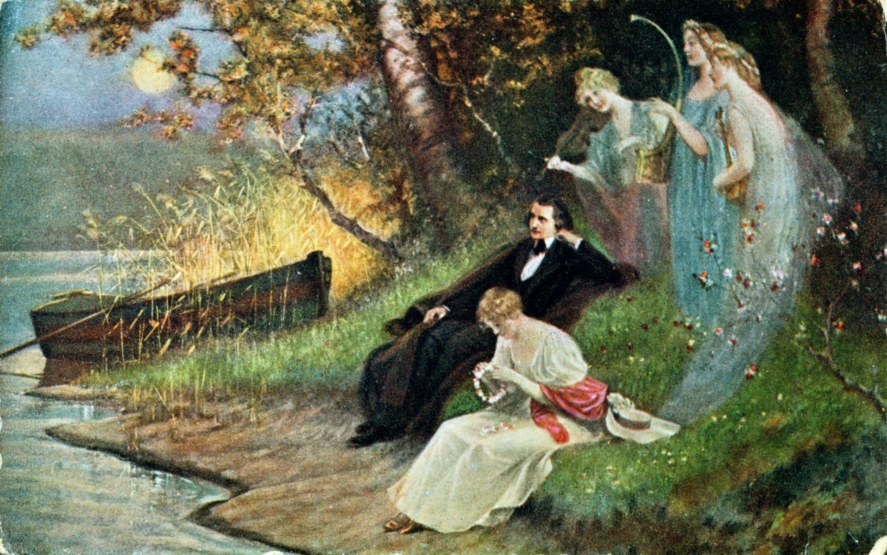Pocztówka przedstawiająca Roberta Schumanna (1810-56) z muzami, ok. 1910 autorstwa Karl the Elder Schweninger