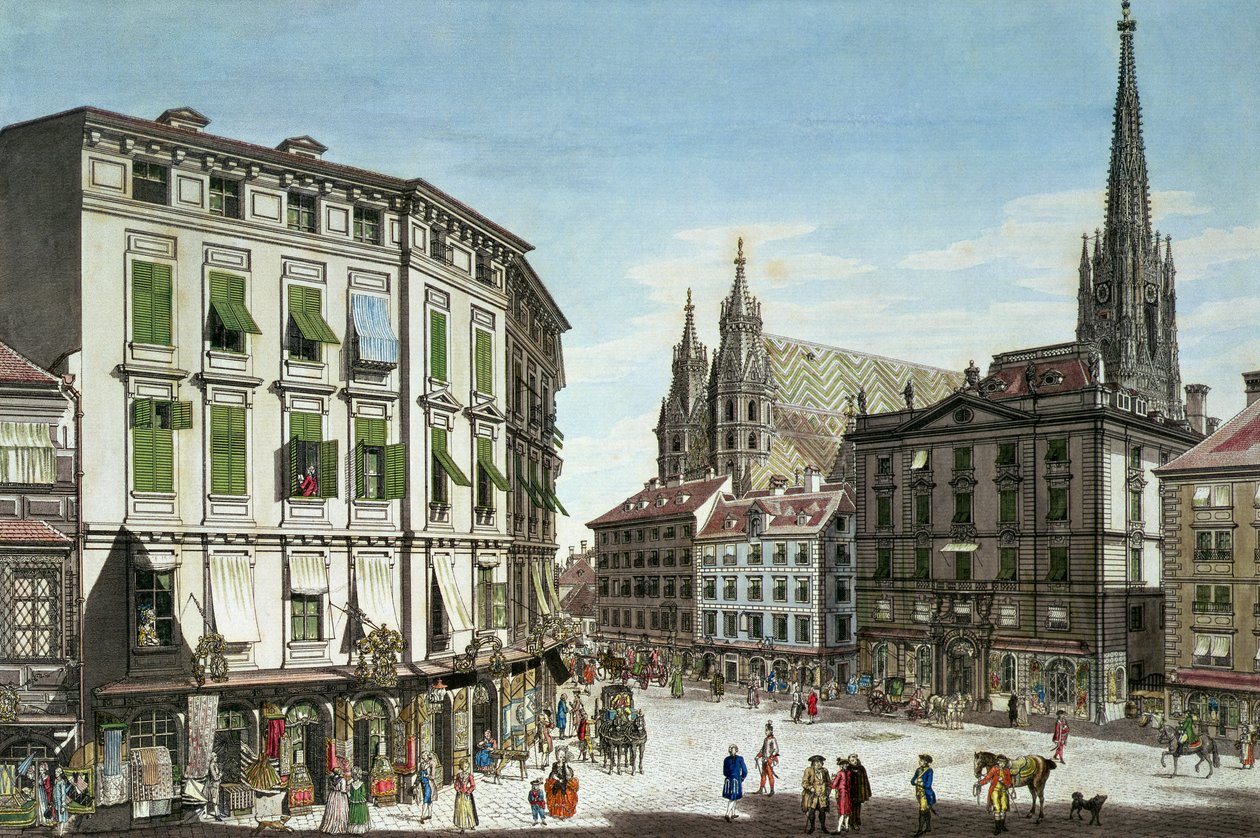 Stock-im-Eisen-Platz, z katedrą św. Szczepana w tle, ryty przez artystę, 1779 autorstwa Carl Schütz
