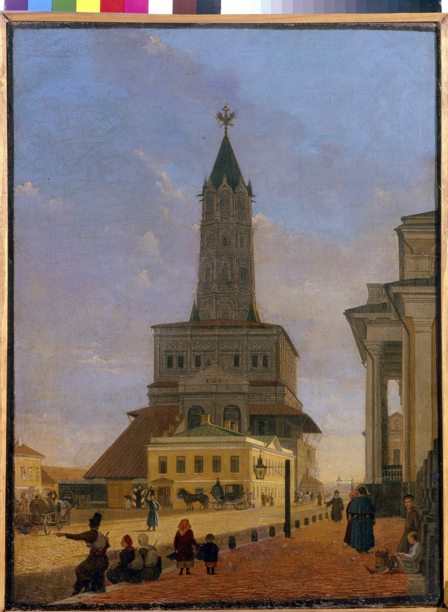 Wieża Suchariew w Moskwie. Zbudowany w 1695 r. przez architekta Tchoglokova i rozebrany w 1934 r., znajdował się na rogu pierścienia ogrodów i ulicy Stretenka. Obraz Karola Pietrowicza Bodriego (1812-1894), olej na płótnie autorstwa Karl Fridrikh Petrovich Bodri