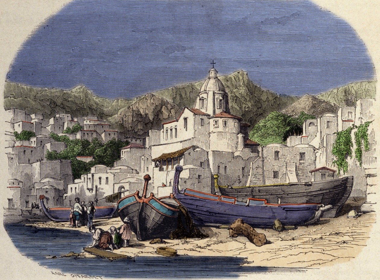 Widok Positano we Włoszech pod koniec XIX wieku po Girardet. autorstwa Karl (after) Girardet