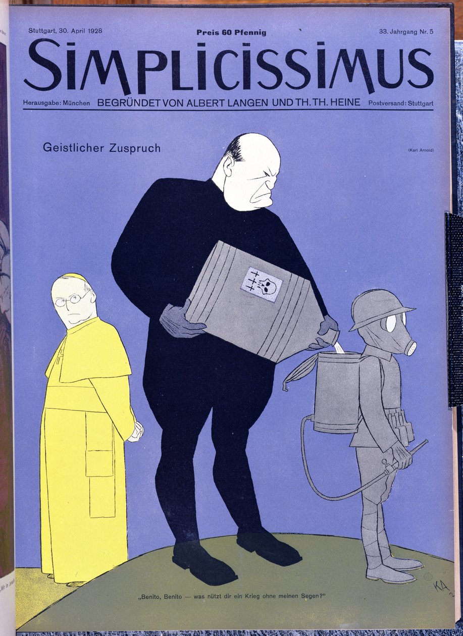 Papież Pius XI (1857-1939) i Benito Mussolini (1883-1945) na okładce magazynu "Simplicissimus", 30 kwietnia 1928 r. (kolorowa litografia) autorstwa Karl Arnold