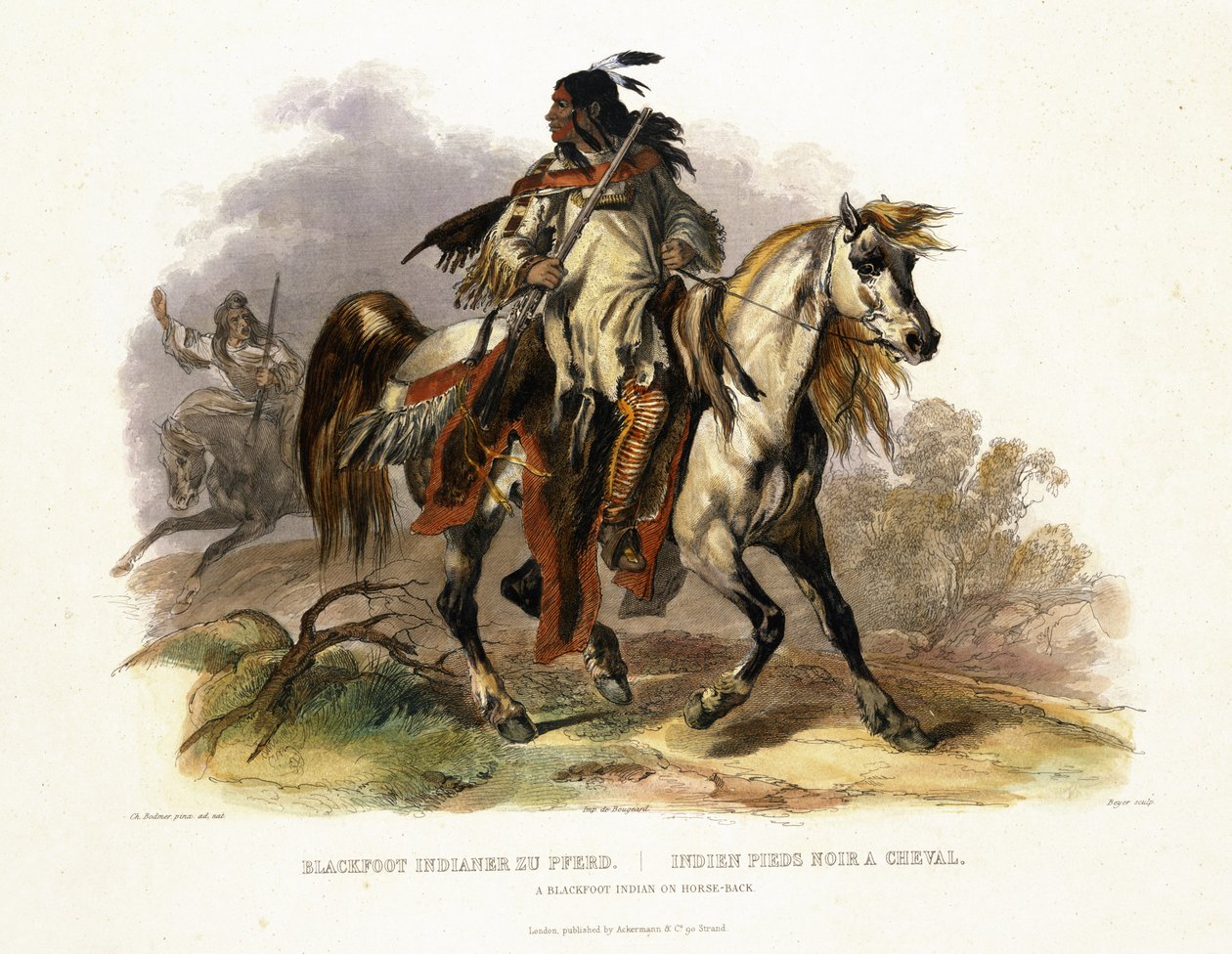 Indianin Czarna Stopa na koniu, tablica 19 z tomu 1 "Podróży w głąb Ameryki Północnej", rytowany przez Leopolda Beyera (1784-c.1870) 1843 (akwatinta) autorstwa Karl Bodmer