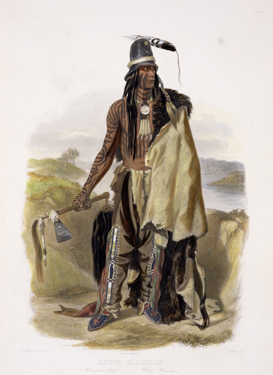Abdih Hiddisch, wódz Minitarre, tablica 24 z tomu 2 "Podróży w głąb Ameryki Północnej", wyryta przez Rolleta, 1844 (akwatinta) autorstwa Karl Bodmer