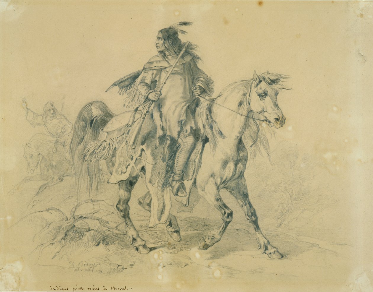 Wojownik Czarnych Stóp na koniu autorstwa Karl Bodmer