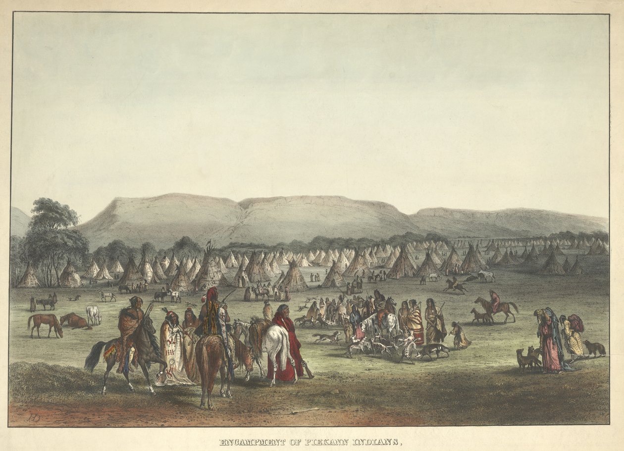 Obozowisko Indian Piekann, wyd. 1842 autorstwa Karl Bodmer