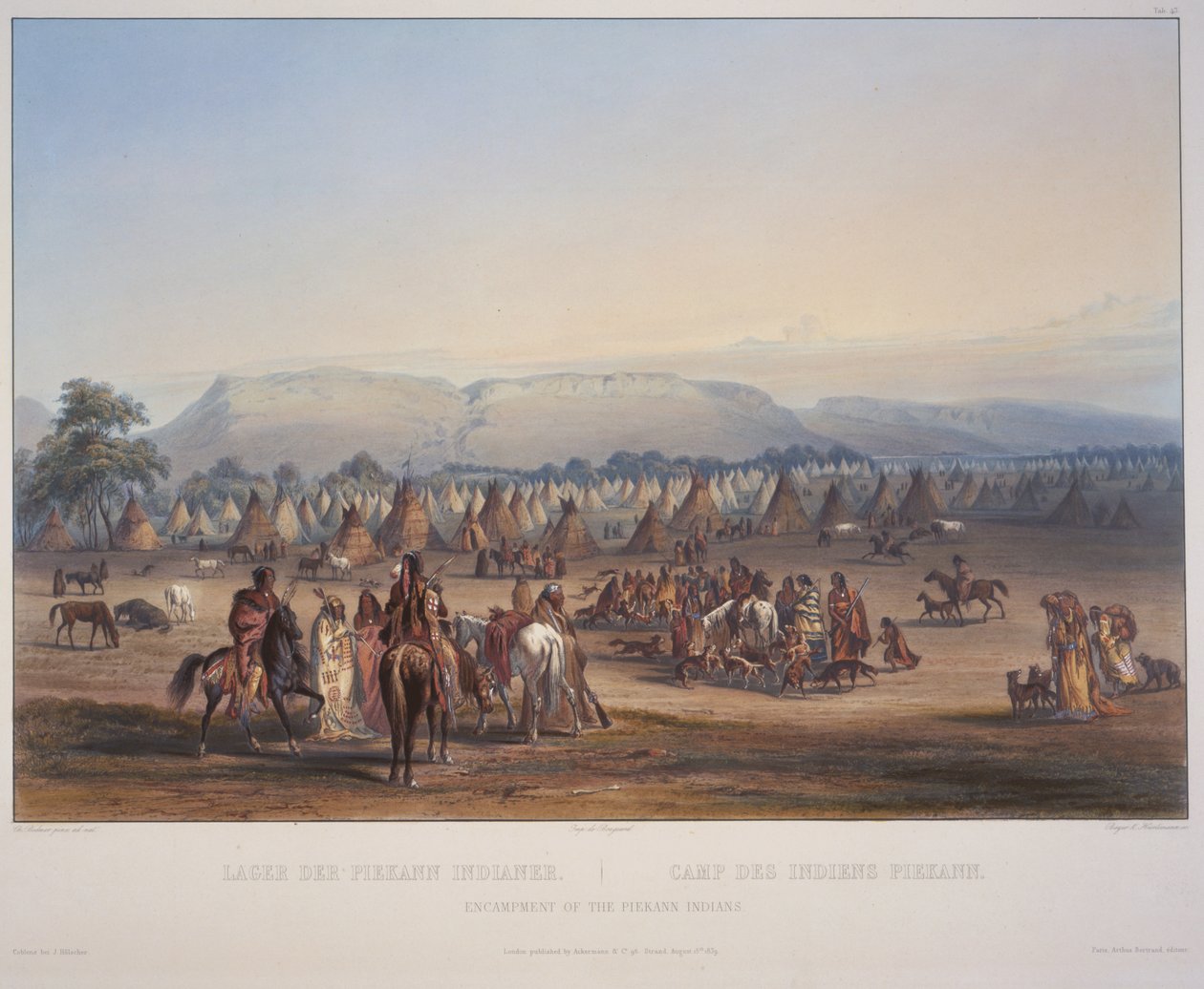 Obozowisko Indian Piekann rytowane przez Beyera und Hurlimana, opublikowane w 1839 (akwatinta) autorstwa Karl Bodmer
