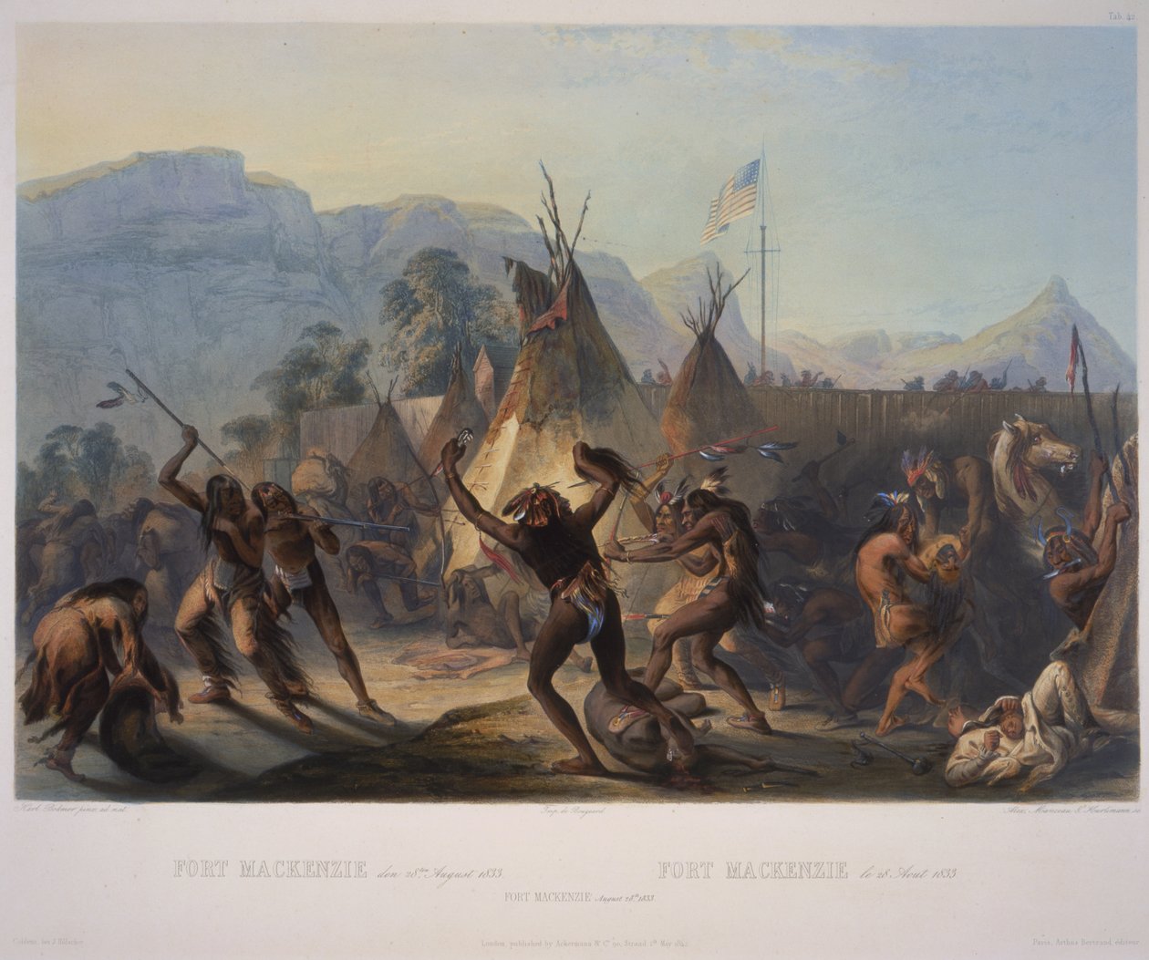 Fort McKenzie, 28 sierpnia 1833, rytowane przez Manceau und Hurliman, opublikowane w 1842 (akwatinta) autorstwa Karl Bodmer