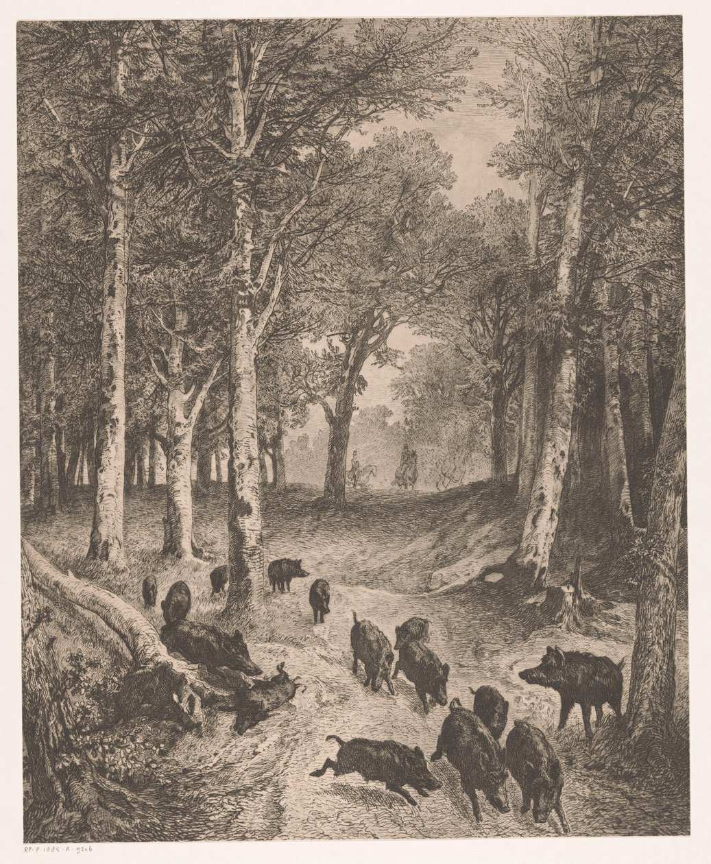 Grupa dzików uciekająca przed dwoma myśliwymi na koniach autorstwa Karl Bodmer