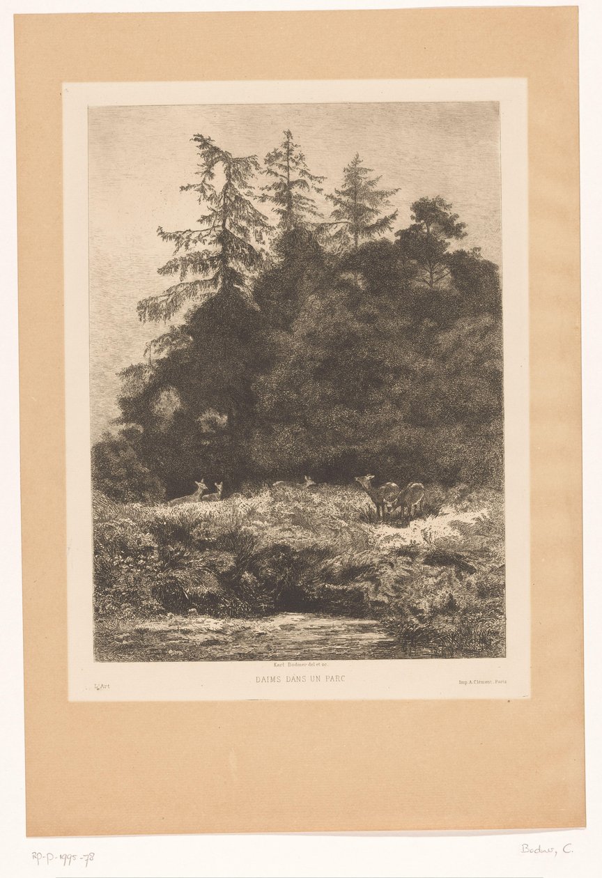 Jeleń na skraju lasu Daims dans un parc (tytuł na obiekcie) autorstwa Karl Bodmer