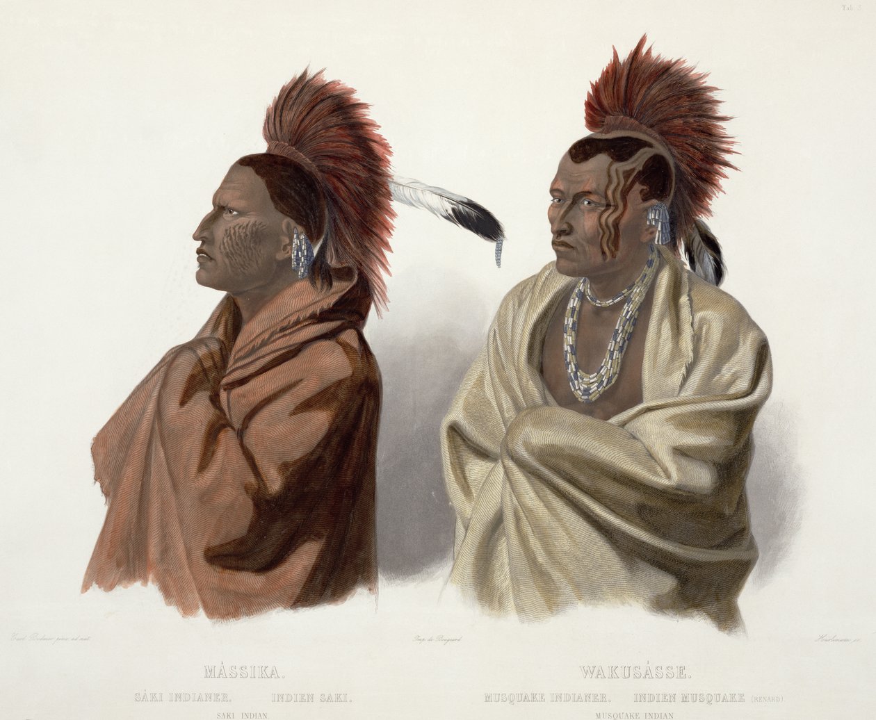 Massika, Indianin Saki i Wakusasse, Indianin Musquake, tablica 3 z tomu 2 „Podróże po wnętrzu Ameryki Północnej”, rytowana przez J. Hurlimanna, 1844 (akwatinta) autorstwa Karl Bodmer