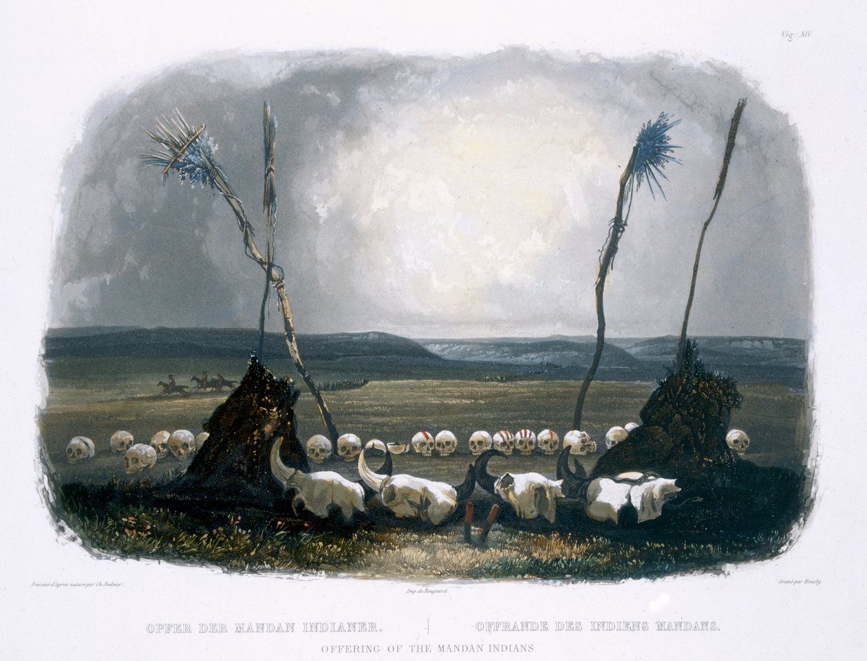 Ofiara Indian Mandan, tablica 14 z tomu 1 „Podróże we wnętrzu Ameryki Północnej”, rytowana przez Sigismonda Himely (1801-72) 1843 (akwatinta) autorstwa Karl Bodmer