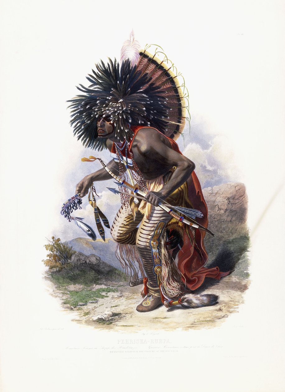 Pehriska-Ruhpa, Wojownik Moennitarri w kostiumie psa Danse, 1840 autorstwa Karl Bodmer