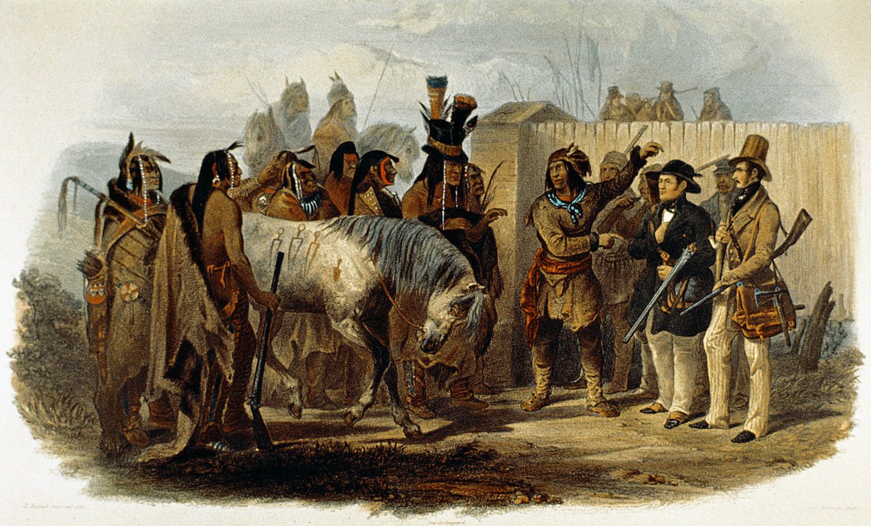 Książę Max von Wied-Neuwied (1782-1867) i Karl Bodmer zostają witani przez Indian Hidatsa autorstwa Karl Bodmer