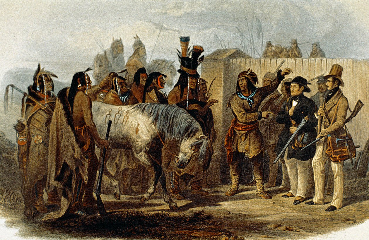 Książę Max von Wied-Neuwied (1782-1867) i Karl Bodmer zostają witani przez Indian Hidatsa autorstwa Karl Bodmer
