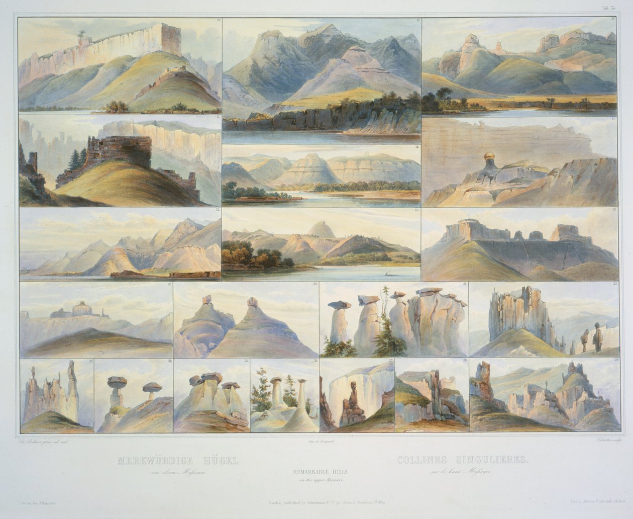Remarkable Hills on the Upper Missouri, rytował F. Salathe, wyd. 1839 (akwatinta) autorstwa Karl Bodmer