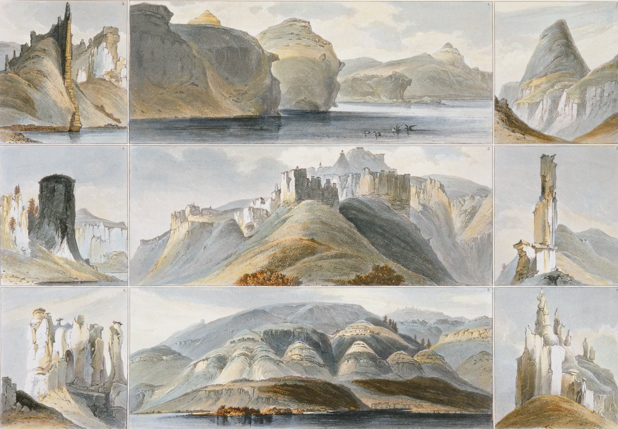 Remarkable Hills on the Upper Missouri, tablica 34 z tomu 2 "Podróży w głąb Ameryki Północnej", rycina Friedricha Salathe (1793-1858) 1844 (akwatinta) autorstwa Karl Bodmer