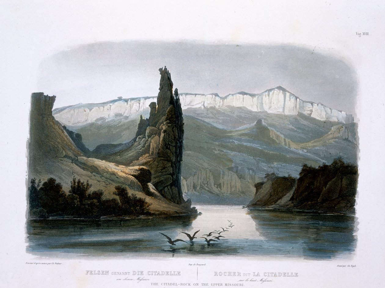 Skała Cytadela nad Górnym Missouri, płyta 18 z tomu 1 „Podróże we wnętrzu Ameryki Północnej”, rytowana przez Carla Vogla (1816-51) 1843 (akwatinta) autorstwa Karl Bodmer