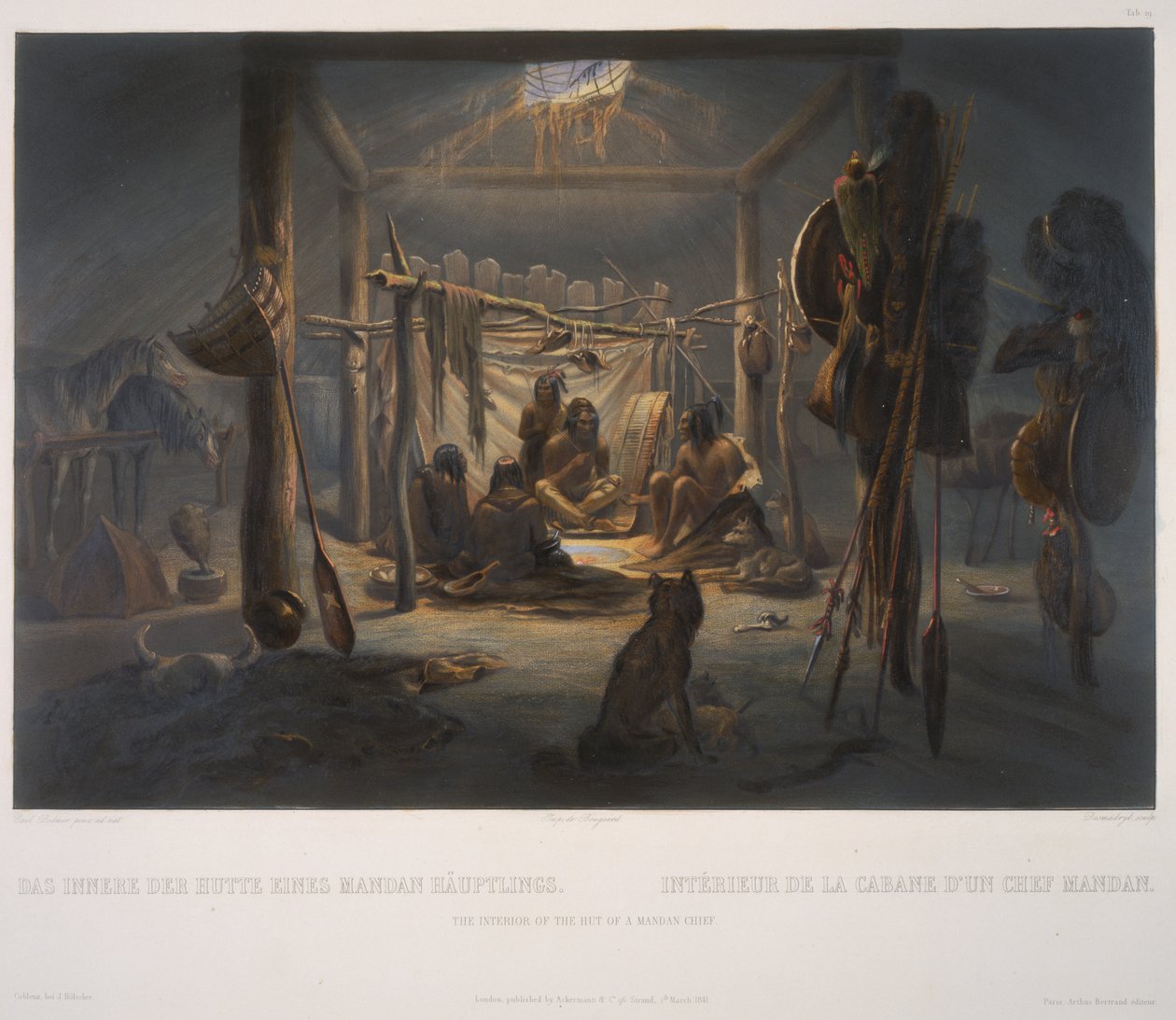 Wnętrze chaty wodza mandanów autorstwa Karl Bodmer
